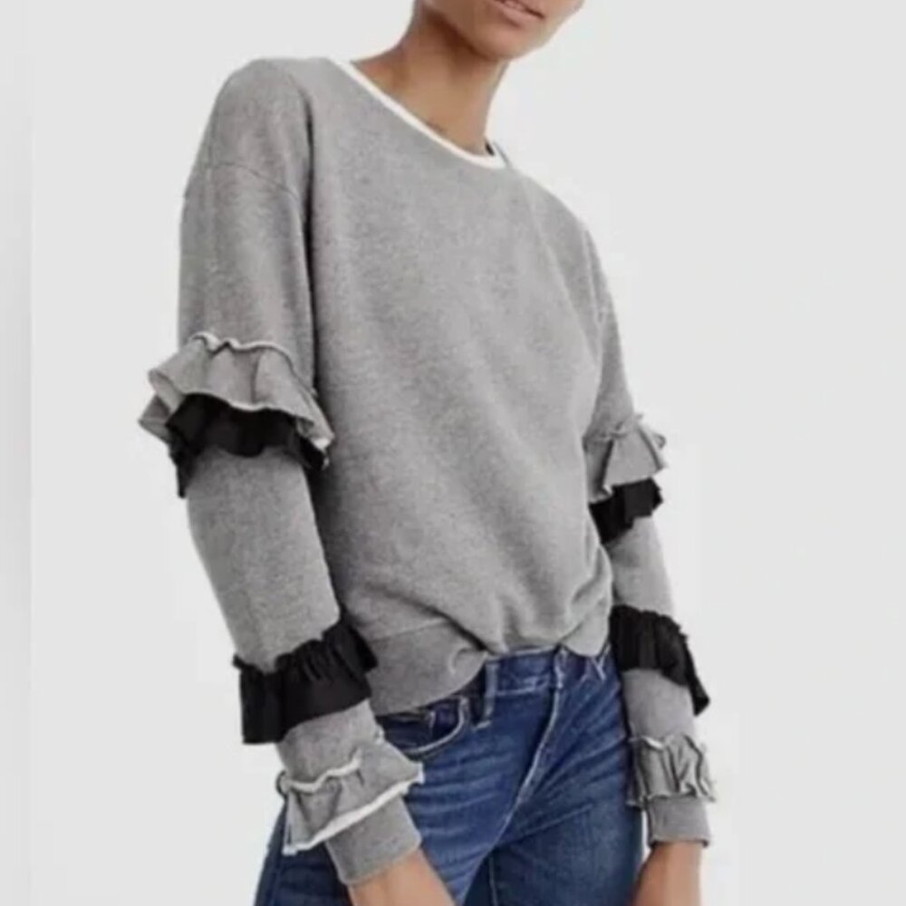 J.Crew Ruffle Sleeve Sweatshirt Gray Black Statement Top XXS